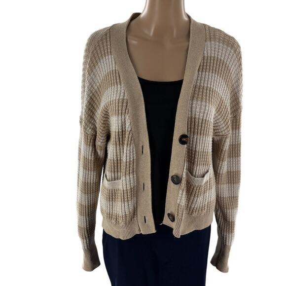 Evereve Oatmeal Striped Tan Kiki Cardigan Sweater - Picture 7 of 12